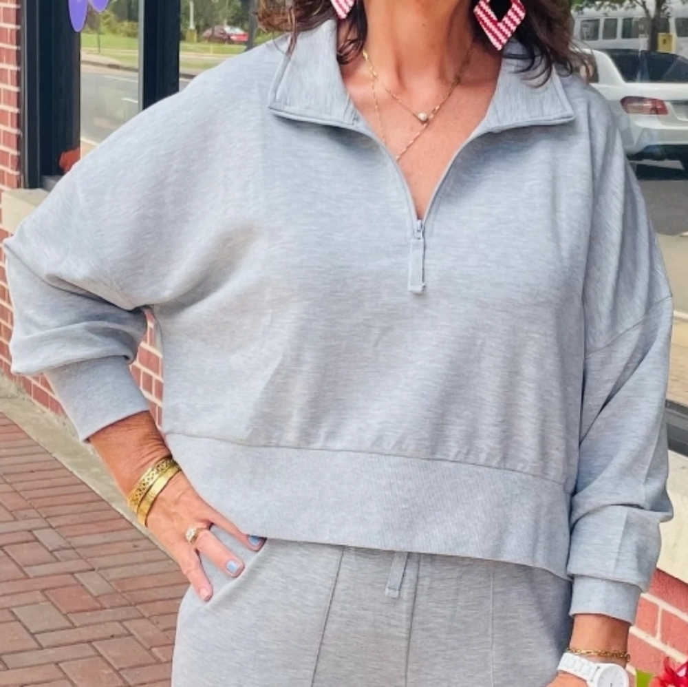 Simply Southern Grey Half Zip Cropped Sweatshirt Size XXL